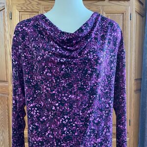 Tahari Purple Dark Floral Loose Cowl Neckline Long Sleeve Top Blouse